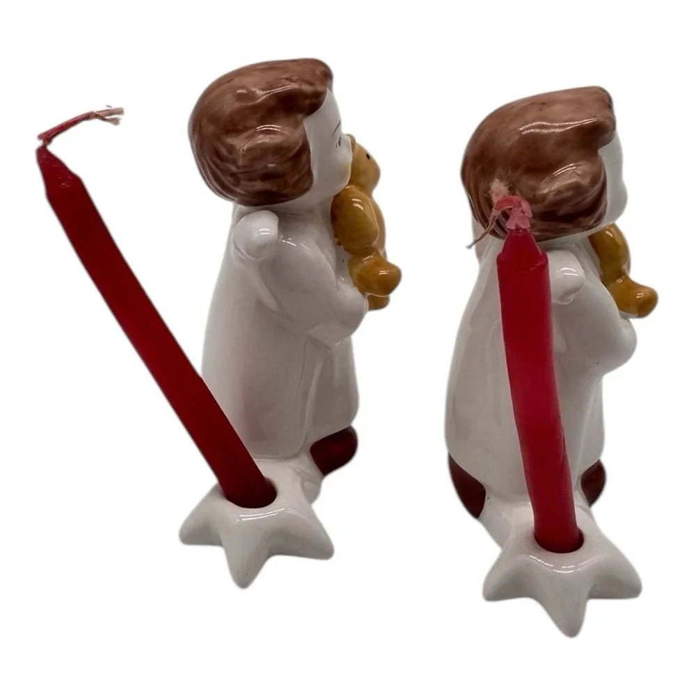 Pair of Vintage Goebel Christmas Candle Holders Angel w/ Teddy Bear 2.5